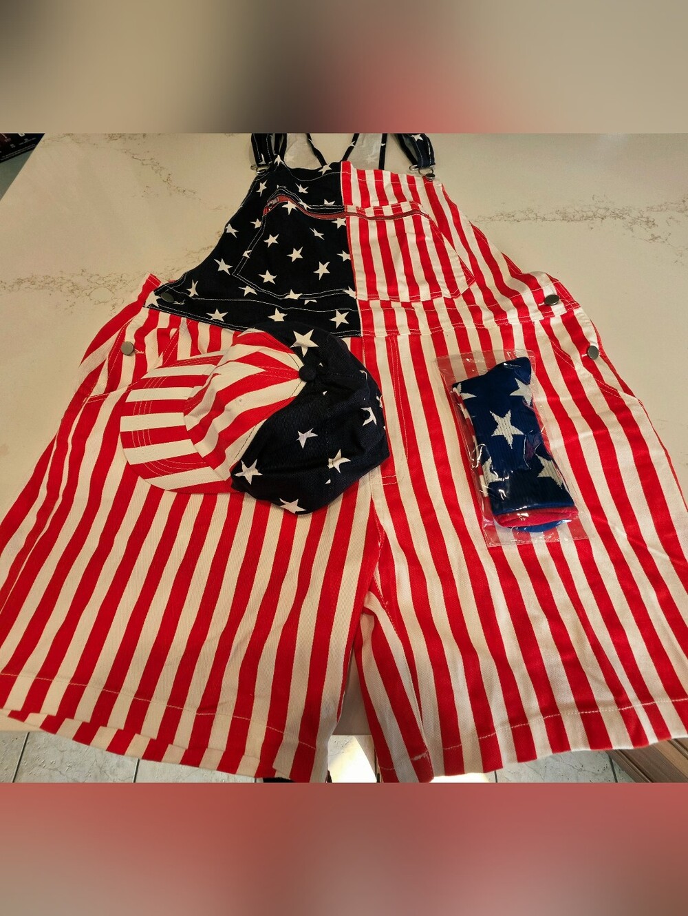 3 Pcs USA Festival Clothes Outfit - USA Overalls, Hat & Socks [Unisex]